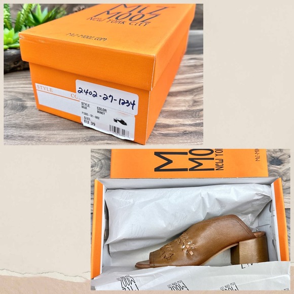 NIB Miz Mooz Briar 39 8.5-9 Whipstitch Leather Heeled Slide Sandal Brandy Brown - Picture 10 of 12